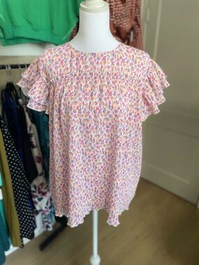 Smocked Ruffle Sleeve Floral Blouse in Pink Multi